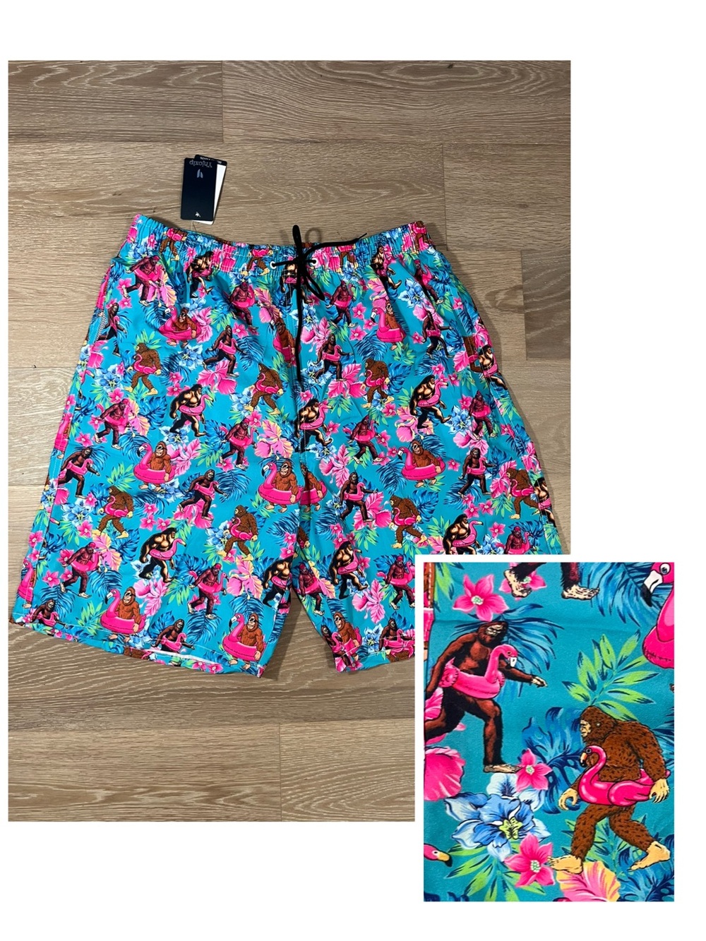 Tropical Bigfoot Flamingo Swim Trunks Men's XL Blue Mesh Lined Shorts